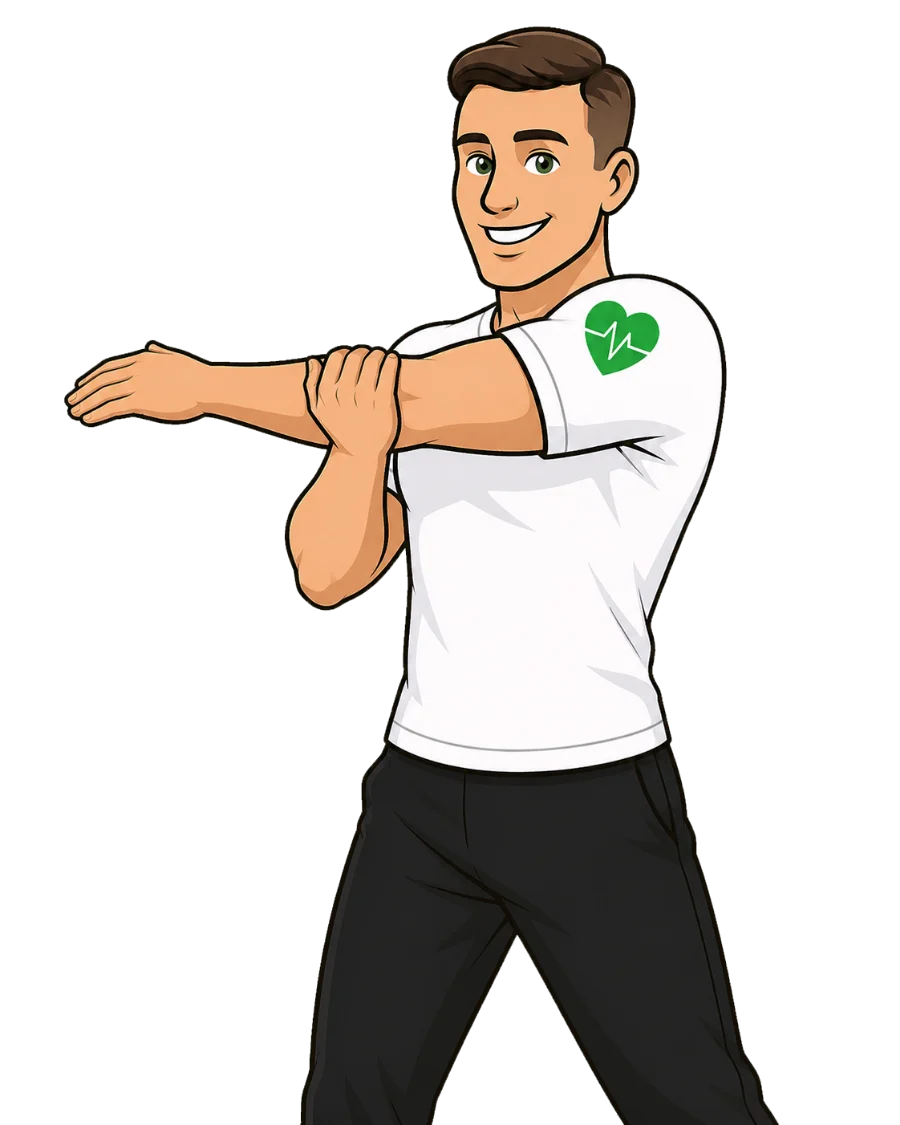 Un homme en tee-shirt blanc, debout, étire son épaule en tirant son bras tendu devant lui.