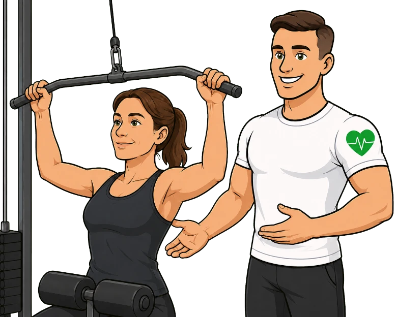 Pierre Couette accompagnant une femme en salle de sport lors d’une séance d’activité physique adaptée
